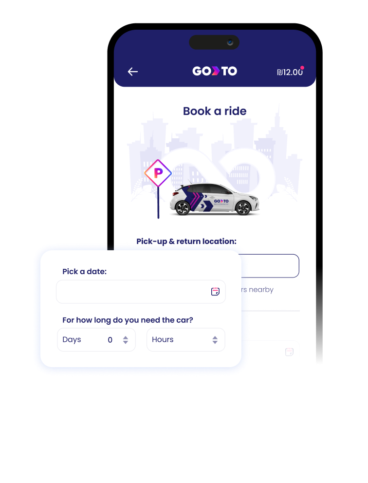 GoTo car sharing app screen to book a car