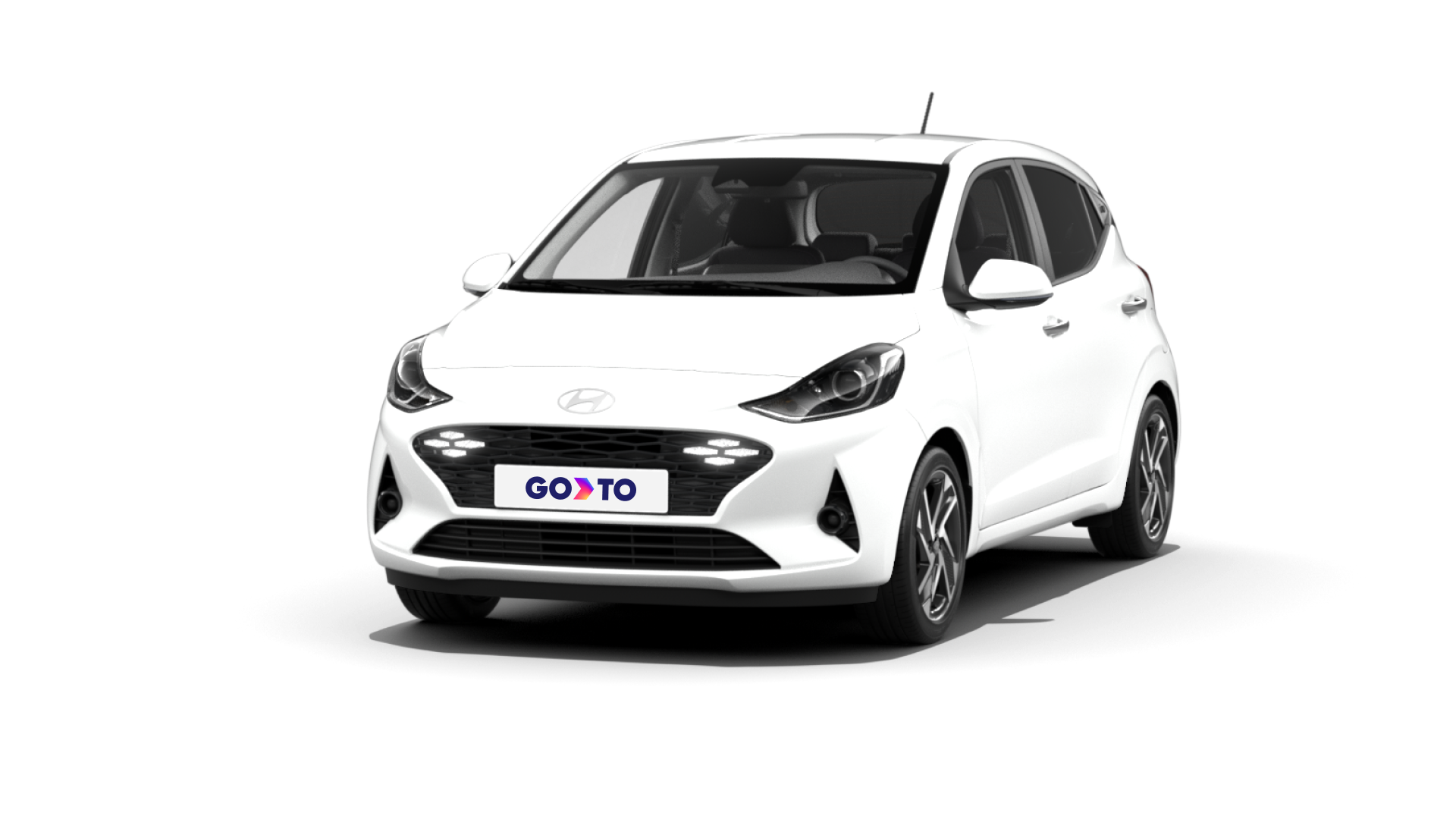 A white mini car from GoTo car rental, showcasing its sleek design and modern features, ideal for urban travel and short trips