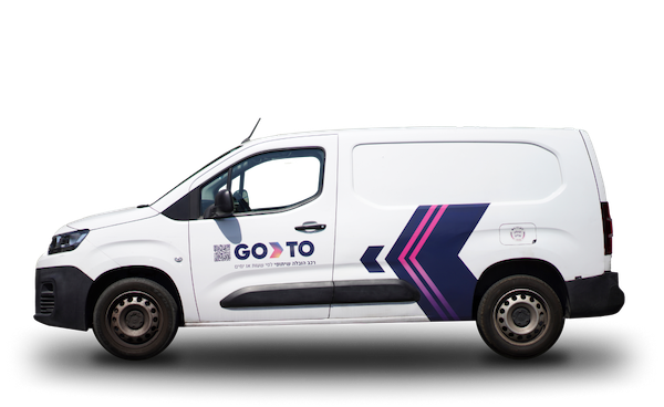 GoTo cargo van, a white van with GoTo branding and purple design accents on the side.