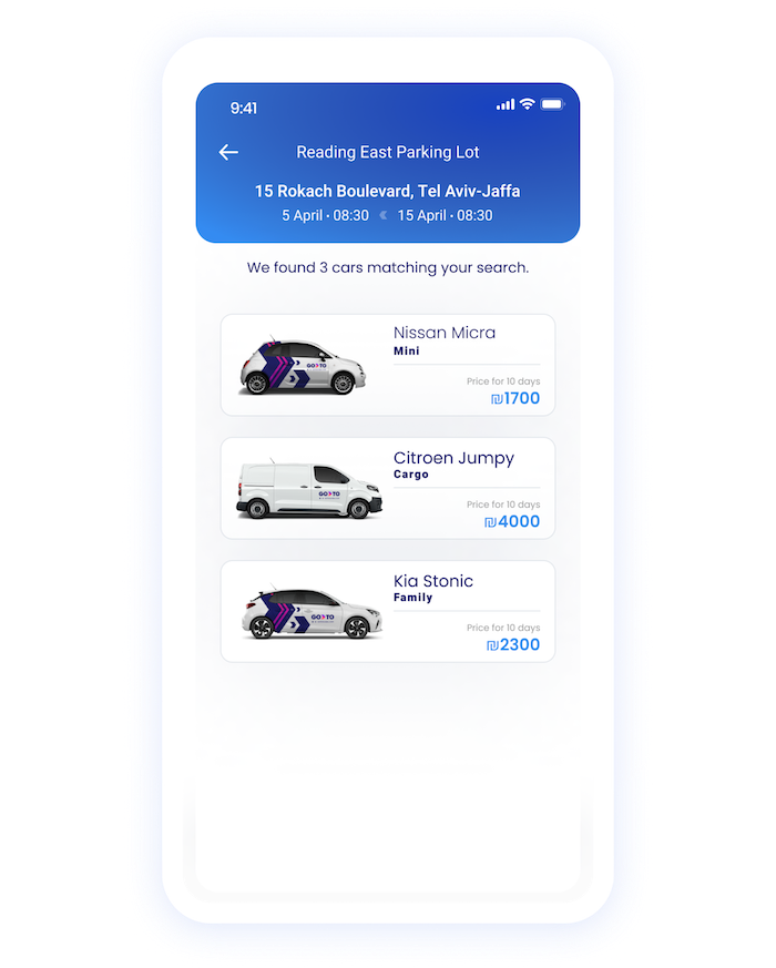 Screenshot of the GoTo car rental app displaying the 'Pick Up a Car' screen.