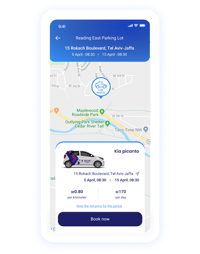 Screenshot of the GoTo car rental app showing the booking screen for a Kia Picanto at 15 Rokach Boulevard, Tel Aviv-Jaffa, with pricing details for kilometers and daily rates.
